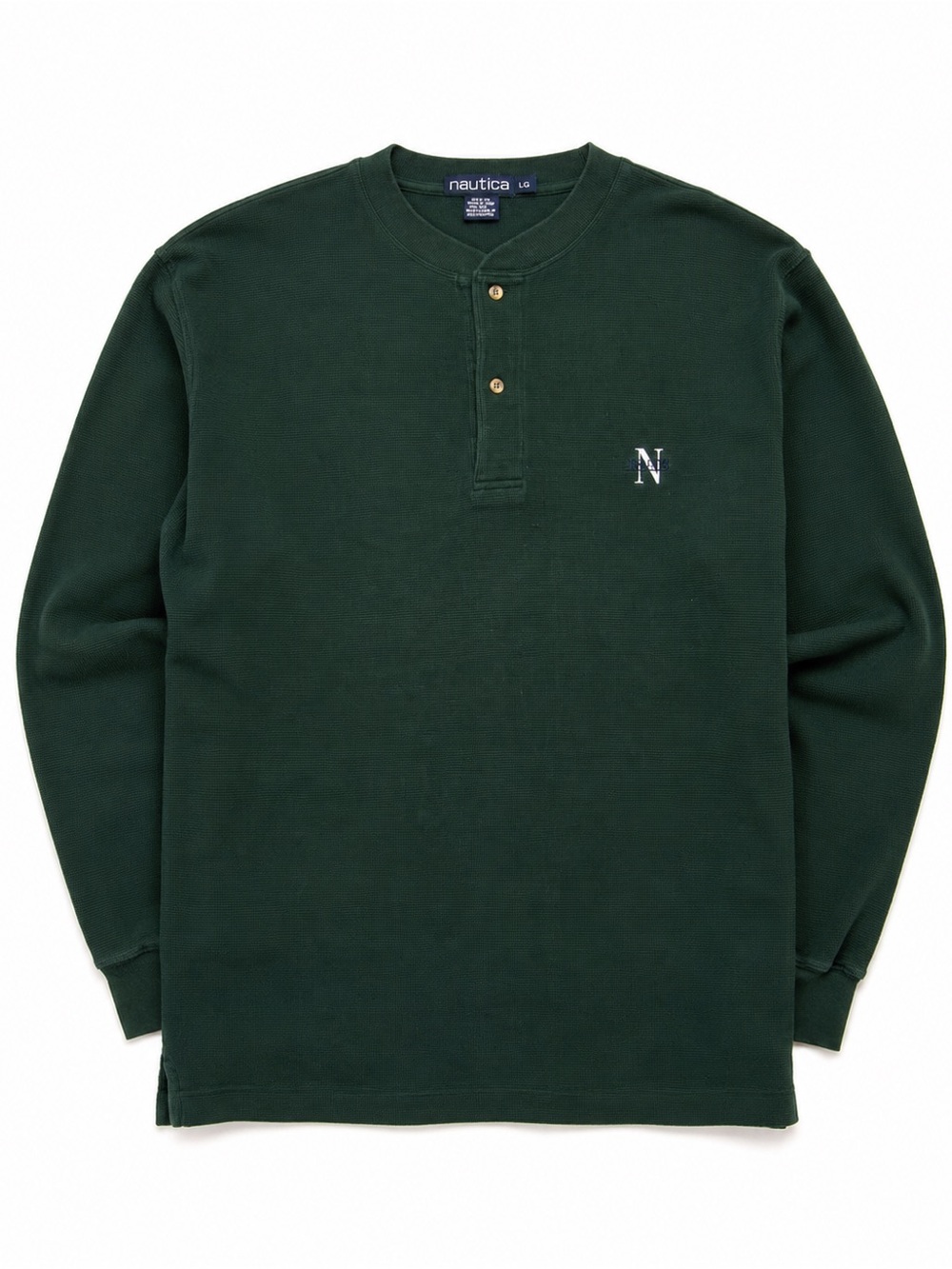 Vintage Nautica Men’s L Green Waffle Knit Henley Long Sleeve Embroidered Logo